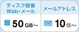 ディスク容量 ：Web・メール50GB〜、メールアドレス:10個〜